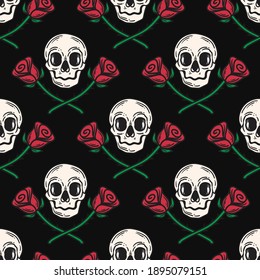 vintage seamless Pattern skull and crossed rose flowers 