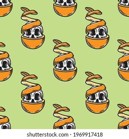 vintage seamless pattern of a skull inside a peeled orange