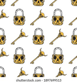 vintage seamless pattern of a skull key and padlock