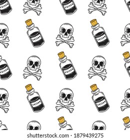 vintage seamless pattern of skull and poison bottle