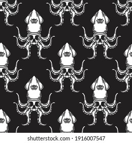 
Vintage seamless pattern of skull squid on black background