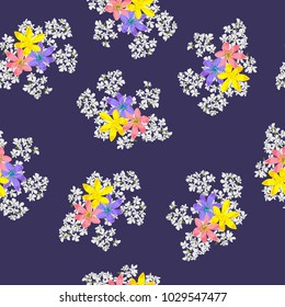 Vintage seamless pattern in small cute flower on violet background. Flower background for textile, cover, wallpaper, gift packaging, printing.Romantic design for calico, silk.