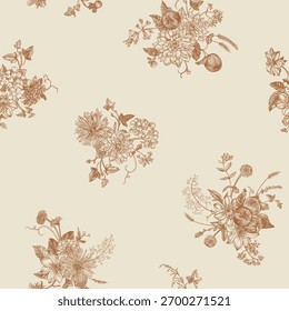Vintage nahtloses Muster mit kleinen Blumensträusen. Botanische Arrangements mit Dahlien, Astern, Zinnien, Beeren und Äpfeln. Staubige Brauntöne.