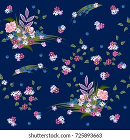 Vintage seamless pattern in small flower and berries on blue background. Flower background for textile, cover, wallpaper, gift packaging, printing.Romantic design for calico, silk.