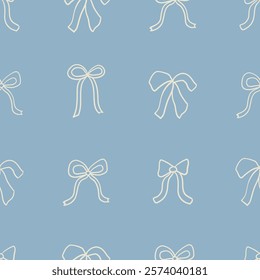 Vintage seamless pattern with small hand drawn whimsical bows. Vector outline background in retro coquette aesthetic