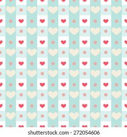 Vintage seamless pattern with small heart on gingham background. Happy Valentine's day background