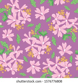 Vintage seamless pattern with small  pink flowers on purple background