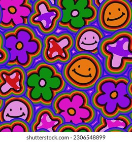 Vintage seamless pattern with smiles, flowers, mushrooms. Hand-drawn vector illustration. Groovy, trippy background, wallpaper. Flat design bright rainbow color, hippie aesthetic.