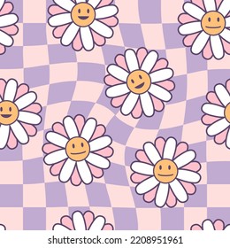 Patrón inmaculado con flores de margarita sonrientes en el fondo trippy de la cuadrícula. Impresión psicodélica para tee, papel, tela, textil. Ilustración vectorial de estilo retro para decoración y diseño.





