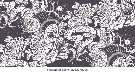 Vintage seamless pattern with snakes, Japanese chrysanthemums on a dark background in tattoo style. Ideal for printing on fabrics 