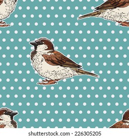 Vintage seamless pattern with sparrows on a turquoise background in polka dots