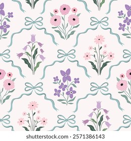 Vintage seamless pattern with spring floral bouquets and coquette ribbons, elegant wallpaper, trendy background