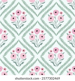 Vintage seamless pattern with spring floral bouquets and branches,  charming delicate wallpaper, trendy background