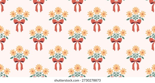 Vintage nahtloses Muster mit Frühlingsblumensträusen und Kokettebändern, elegante Tapete, trendiger Hintergrund