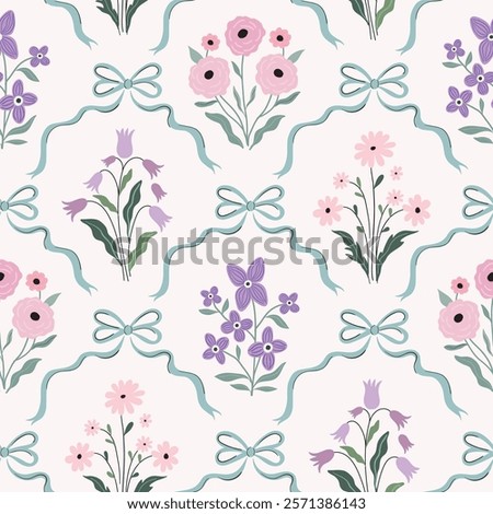 Vintage seamless pattern with spring floral bouquets and coquette ribbons, elegant wallpaper, trendy background
