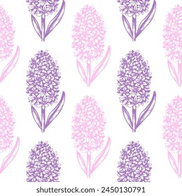 Vintage seamless pattern with spring flowers hyacinth. Hand drawn vector illustration