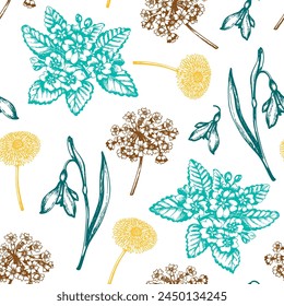 Patrón sin fisuras de Antiguas con flores de primavera, gotas de nieve y prímulas. Ilustración vectorial dibujada a mano