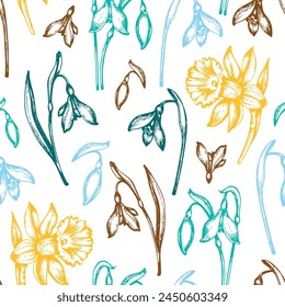 Vintage seamless pattern with spring flowers snowdrops and daffodil. Hand drawn vector illustration