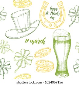 Vintage seamless pattern for St Patrick's day. St. Patrick's hat, horseshoe, four-leaf clover and gold coins. Engraving objects. pattern can be used for wallpaper, web page,surface textures, package