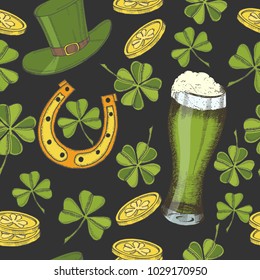 Vintage seamless pattern for St Patrick's day. St. Patrick's hat, horseshoe, four-leaf clover, green beer and gold coins. Pattern can be used for wallpaper, web page, surface textures, package