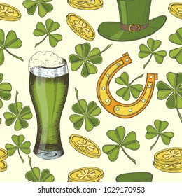 Vintage seamless pattern for St Patrick's day. St. Patrick's hat, horseshoe, four-leaf clover, green beer and gold coins. Pattern can be used for wallpaper, web page, surface textures, package