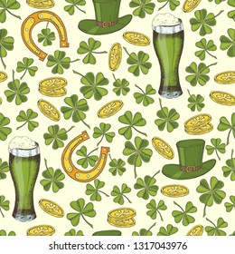 Vintage seamless pattern for St Patrick's day. St. Patrick's hat, horseshoe, four-leaf clover, green beer and gold coins. Pattern can be used for wallpaper, web page, surface textures, package
