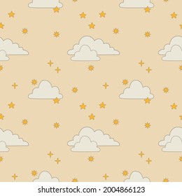 Vintage seamless pattern with stars and clouds. Boho style pattern. Digital retro paper with celestial bodies. Vector pattern