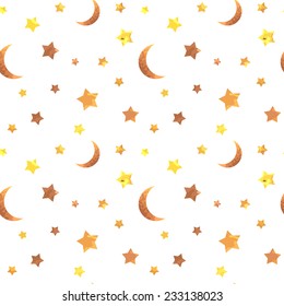 Vintage seamless pattern with stars and moons. Watercolor paint. Can be used as decoration for the gift boxes, wallpapers, backgrounds, web sites. 
