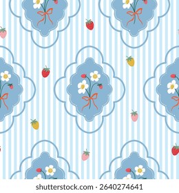 Vintage seamless pattern with strawberries and flowers, striped summer wallpaper, charming background