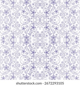 Estilo padrão sem emenda vintage. Telha cerâmica, roxo e branco, decoração original. Ilustração vetorial