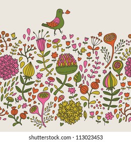 Vintage seamless pattern for stylish design wallpapers. Cute bird on flowers