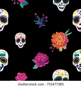 Vintage seamless pattern with sugar skulls and embroidery rose and peony. Bright traditional illustration on black background for fabric design in watercolor style.