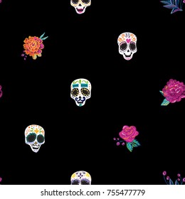 Vintage seamless pattern with sugar skulls and embroidery rose and peony. Bright traditional illustration on black background for fabric design in watercolor style.