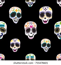 Vintage seamless pattern with sugar skulls, female and male. Bright traditional illustration on black background for fabric design in watercolor style.