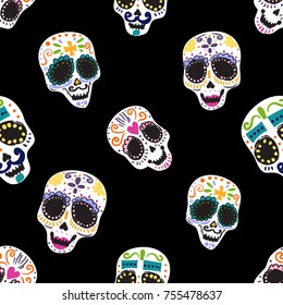 Vintage seamless pattern with sugar skulls, female and male. Bright traditional illustration on black background for fabric design in watercolor style.