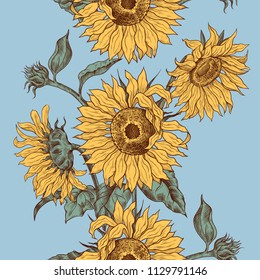 Vintage seamless pattern with sunflowers.Hand drawn vector illustration.