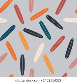 Vintage seamless pattern with surf boards. Abstract geometric wallpaper with surfboard shapes. Groovy vector background in style of retro. Colorful sporty summer design for textile, paper, wrap