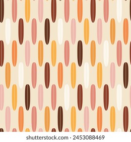 Vintage seamless pattern with surf boards. Abstract geometric wallpaper with surfboard shapes. Groovy vector background in style of retro. Colorful sporty summer design for textile, paper, wrap
