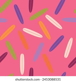 Vintage seamless pattern with surf boards. Abstract geometric wallpaper with surfboard shapes. Groovy vector background in style of retro. Colorful sporty summer design for textile, paper, wrap