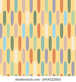 Vintage seamless pattern with surf boards. Abstract geometric wallpaper with surfboard shapes. Groovy vector background in style of retro. Colorful sporty summer design for textile, paper, wrap