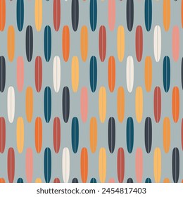 Vintage seamless pattern with surf boards. Abstract geometric wallpaper with surfboard shapes. Groovy vector background in style of retro. Colorful sporty summer design for textile, paper, wrap