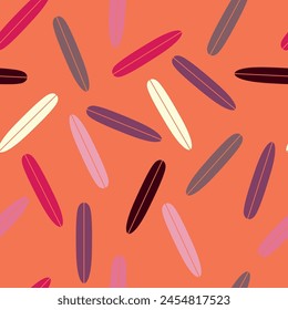 Vintage seamless pattern with surf boards. Abstract geometric wallpaper with surfboard shapes. Groovy vector background in style of retro. Colorful sporty summer design for textile, paper, wrap