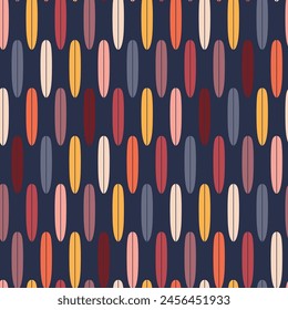 Vintage seamless pattern with surf boards. Abstract geometric wallpaper with surfboard shapes. Groovy vector background in style of retro. Colorful sporty summer design for textile, paper, wrap