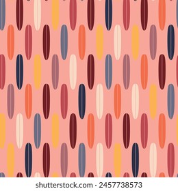 Vintage seamless pattern with surf boards. Abstract geometric wallpaper with surfboard shapes. Groovy vector background in style of retro. Colorful sporty summer design for textile, paper, wrap