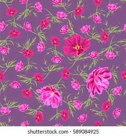Vintage seamless pattern with sweet pink flowers. Hand-drawn floral background for textile, cover, wallpaper, gift packaging, printing, scrapbooking. Romantic design.