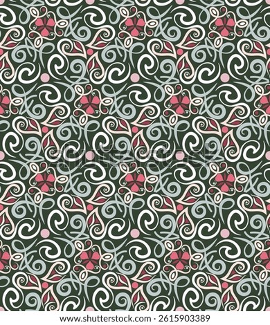 Vintage seamless pattern with swirls. Overlapping art forms, stripes, polygons, segments are grouped and arranged in a certain order. Vector. 