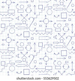 Vintage seamless pattern of symbols for infographics. Arrows, frames, lines and circles in and abstract doodle writing design set. Stylish Vector hand-written illustration on notebook page. 