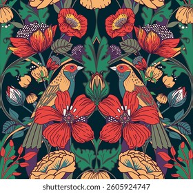 Vintage Seamless pattern for tapestry, fabric, wallpaper in modern baroque style. Flowers and birds. Traditional pattern in retro style.