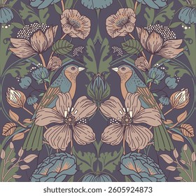Vintage Seamless pattern for tapestry, fabric, wallpaper in modern baroque style. Flowers and birds. Traditional pattern in retro style.