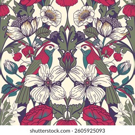 Vintage Seamless pattern for tapestry, fabric, wallpaper in modern baroque style. Flowers and birds. Traditional pattern in retro style.